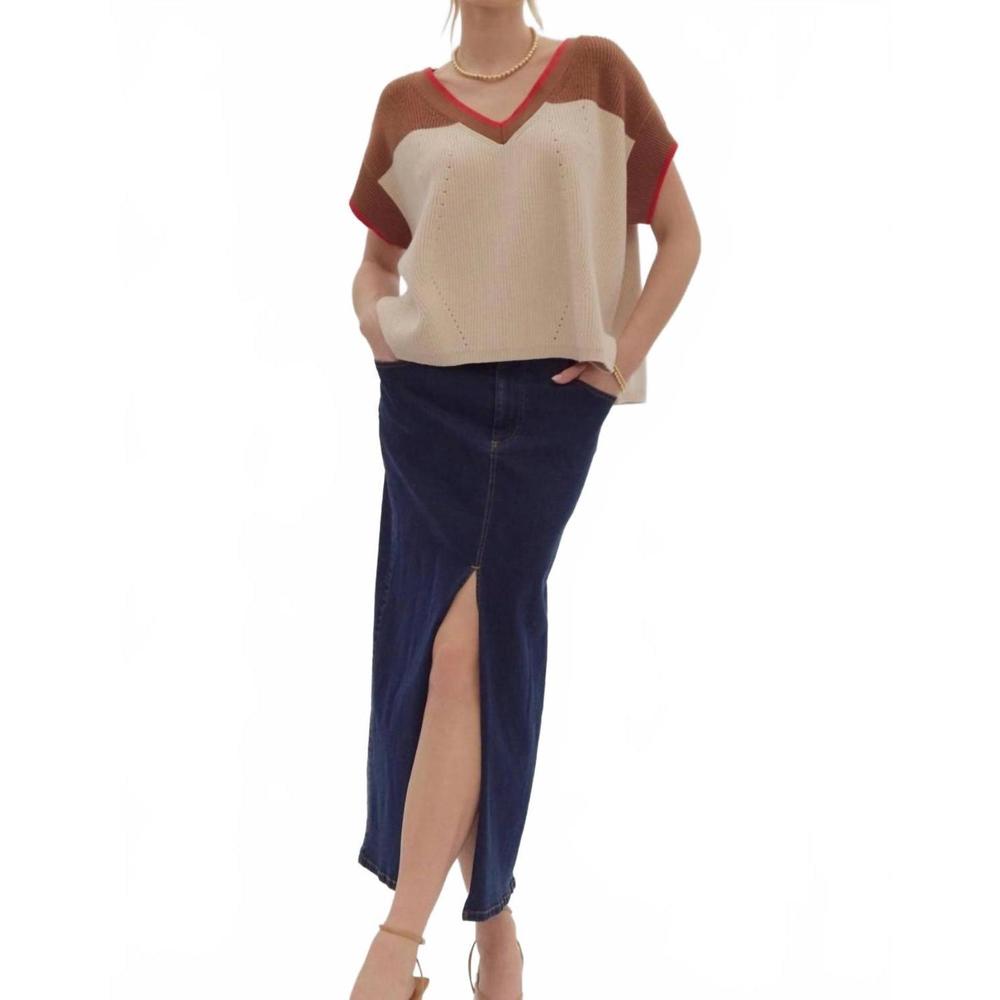 Entro Brown and Cream V-Neck Sweater